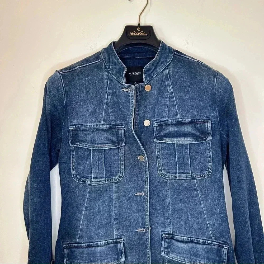 Liverpool Seamed Long Jean Jacket with Patch Pockets - Picture 4 of 10